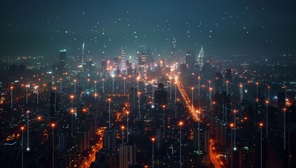 Fototapete - Cityscape at Night with Network Connections and Starry Sky