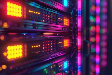 Poster - Closeup of a Server Rack with Colorful LED Lights