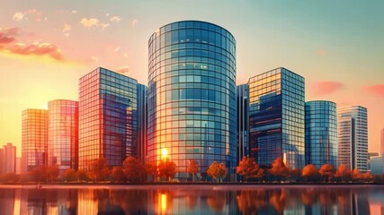 Aufkleber - This Skyscrapers with glass facades glow under a colorful sunset by the river.