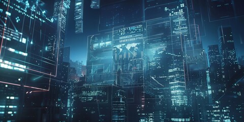 Poster - A futuristic cityscape with glowing digital overlays