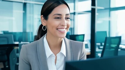 Poster - This Woman enjoys working on her laptop in a bright, modern office setting.