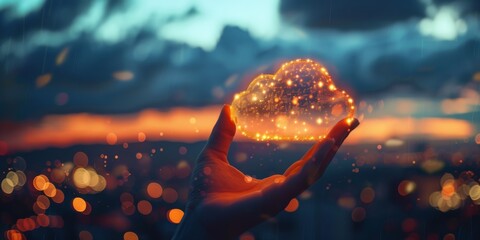 Poster - Hand Holding Glowing Digital Cloud in Sunset Bokeh