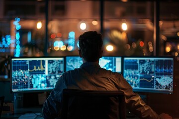 Poster - Man Working Late at Night on Multiple Computer Screens