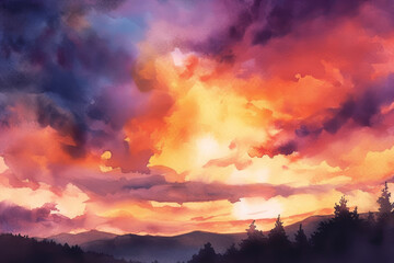 Wall Mural - Vibrant Watercolor Sunset Sky over Forested Hills with Dramatic Clouds