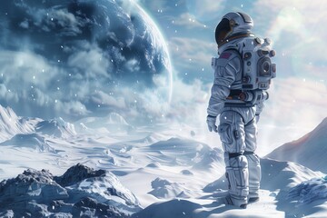 An astronaut stands on an unknown icy planet with a breathtaking landscape.