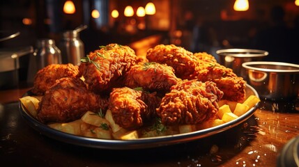 Poster - Delicious fried chicken with sweet and sour sauce on a wooden table with a blurred background