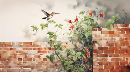 Wall Mural - painting of a hummingbird flying over a brick wall with red flowers