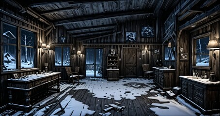 interior of abandoned ransacked cabin lodge in the mountains woods wilderness at night. old wood home in the wild dark arctic tundra.