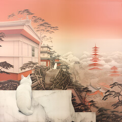 Wall Mural - painting of a cat sitting on a ledge with a view of a pagoda