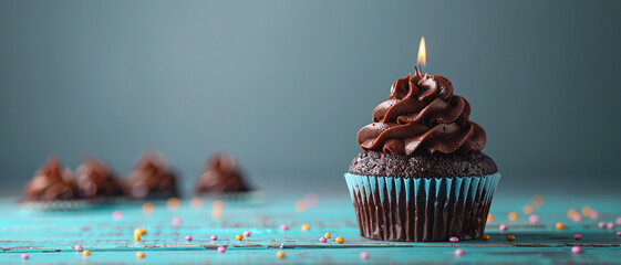 Chocolate birthday cupcake  burning candle and blurred background, space for text