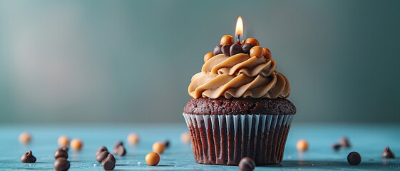 Chocolate birthday cupcake  burning candle and blurred background, space for text