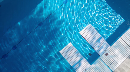 Top view, two white Olympic diving boards, and a blue swimming pool as the background, clean and simple