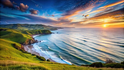 Wall Mural - tranquil seascape at dusk with a backdrop of picturesque rolling hills, serene, seascape, twilight, 