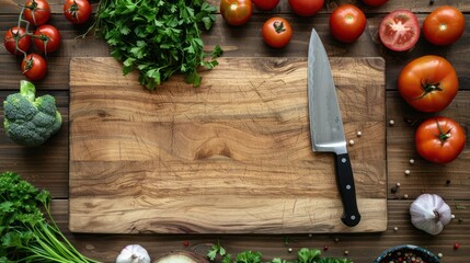 Wall Mural - Wooden Cutting Board with Vegetables and Knife