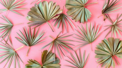 Poster - Tropical Palm Leaf Flat Lay on Pink Background