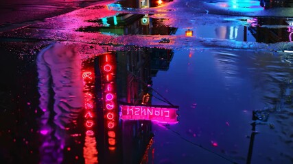 Poster - A street with neon lights shining brightly, reflected in puddles on the ground at night, Puddles reflect neon lights in the dark
