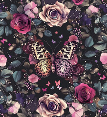 there is a butterfly and flowers on a black background