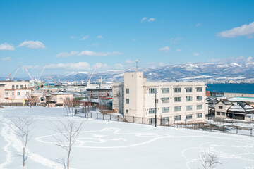 Sticker - Motomachi Park Perry's Square and harbor city view at winter in Hakodate, Hokkaido, Japan