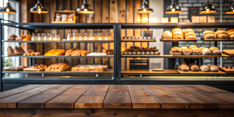 Empty black table with blur background of bakery shelf in coffee shop