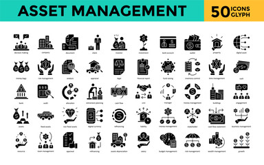 Sticker - Asset Management icon set with decision making, company, document, client, investor, investment, bank account, wallet, property, digital asset icon. Simple glyph vector 
