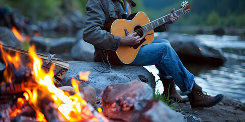 Person playing guitar by a campfire