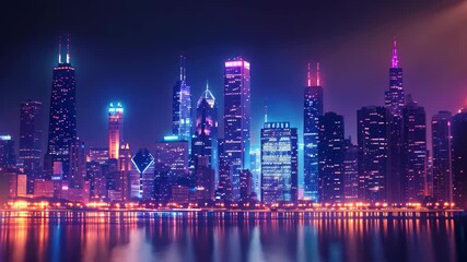Poster - A city skyline bustling with vibrant energy, illuminated by bright lights against the dark night sky, Render the vibrant energy of the city skyline at night, with lights twinkling in the darkness