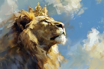 Sticker - Lion King - Majestic Lion with Golden Crown Against a Blue Sky.