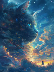 Wall Mural - painting of a cat looking at the sky with a person standing in front of it