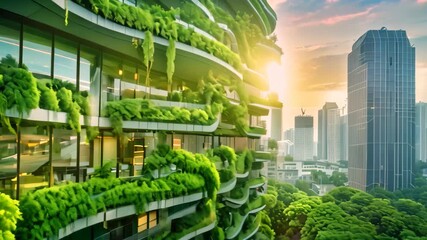 Sticker - A very tall building adorned with numerous plants creating a green facade against the skyline, Represent the dynamic blend of nature and urban architecture in the city's skyline