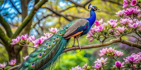 Wall Mural - peacock perched elegantly on a magnolia tree branch, peacock,magnolia tree, branch, wallpaper, elegant, vivid, colorful, feathers