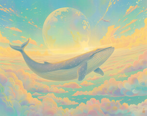 Wall Mural - painting of a whale flying in the sky with a full moon in the background