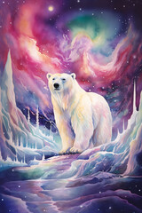 Wall Mural - painting of a polar bear standing on a snowy mountain with a colorful sky