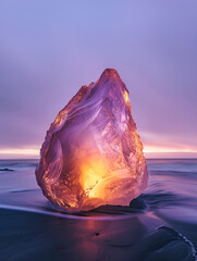 arafed iceberg on the beach with a sunset in the background