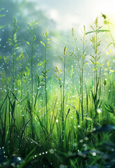 Wall Mural - a close up of a field of grass with water droplets