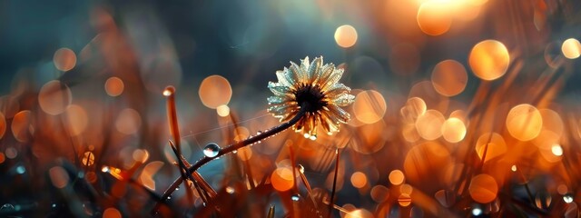 Canvas Print -  A tight shot of a dandelion amidst a field of grass, adorned with dewdrops