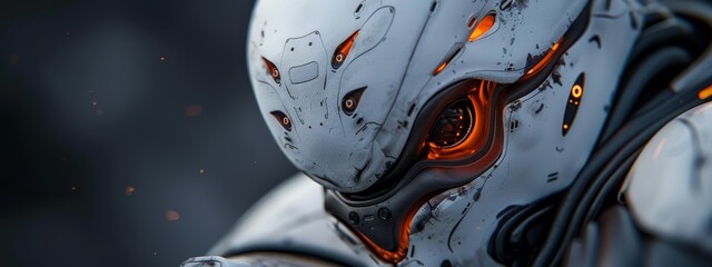 Sticker -  A tight shot of a robot's face in a futuristic black suit, its eyes glowing orange against the dark backdrop