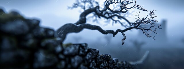 Wall Mural -  A solitary tree in a field, background featuring a building; rain descends