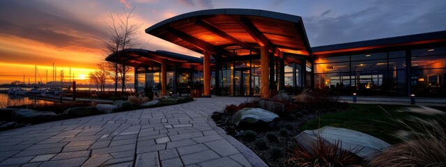 Canvas Print -  A structure featuring numerous windows, an adjacent walkway, and a sunset backdrop over a body of water