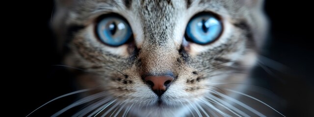  A tight shot of a feline's face, showcasing its expressive blue eyes and distinctive whiskers