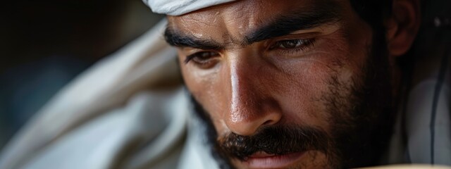  A man, up-close, dons a white turban In hand, he holds a banana