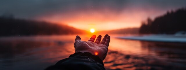 Canvas Print -  Person reaching out over body of water during sunset