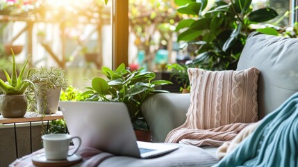 Wall Mural - Cozy Living Room with Laptop, Plants, and Sunlight