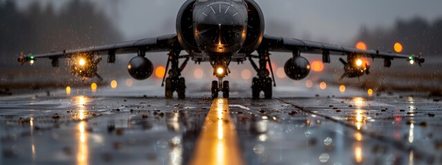 Canvas Print -  A large jetliner rests on the airport tarmac, its wings adorned with lights, landing gear extended