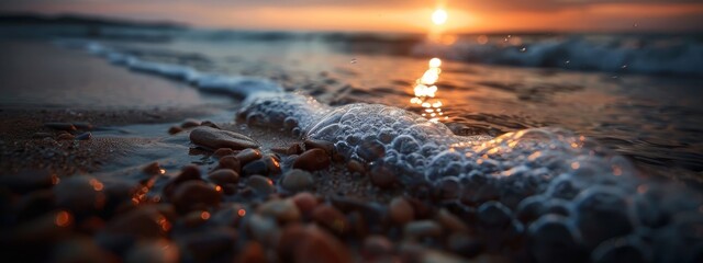 Wall Mural - a wave advances, sun sets behind ocean