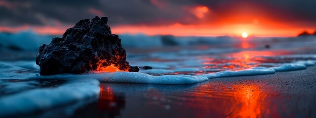 Canvas Print -  A tight shot of a weathered rock on a sandy beach, with the sun sinking in the distance over the ocean