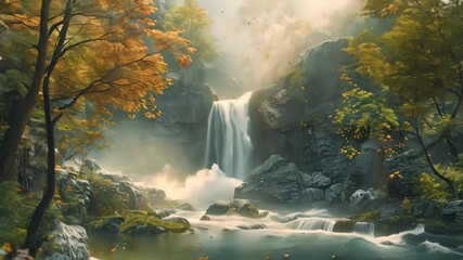 Canvas Print - A painting depicting a waterfall in a lush forest setting, Serene, flowing rivers and waterfalls