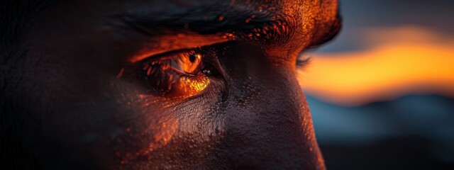 Canvas Print -  A tight shot of a man's eye, his left side aglow with a vibrant orange hue