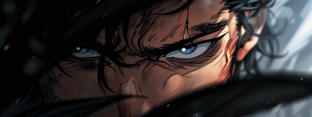 Wall Mural -  A tight shot of a person's blue-eyed gaze, with a sword prominently positioned in the image's foreground