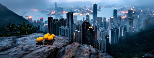 Wall Mural -  A cluster of oranges perched atop a mountain, adjacent to a cityscape of towering structures during the night