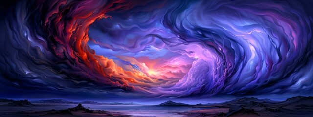 Sticker -  A purple, red, and orange swirl dominates the mid-blue sky above a tranquil expanse of water